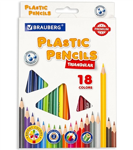 Карандаши цветные 18цв PREMIUM пластиковые, трехгранные, грифель мягкий 3,0мм, BRAUBERG