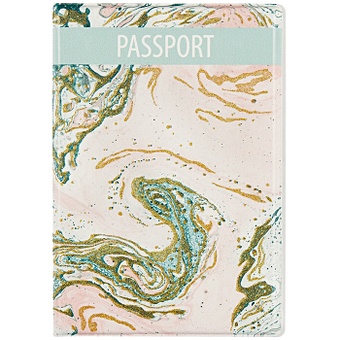 Обложка для паспорта Marble style (мрамор розовый с бирюзовым) (глиттер) (ПВХ бокс)