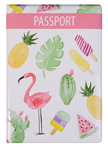 Обложка для паспорта Фламинго, кактусы, ананасы (ПВХ бокс)