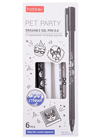 Ручки гелевые синие 06шт Pet Party стираемые, 0,6мм к/к, Hatber