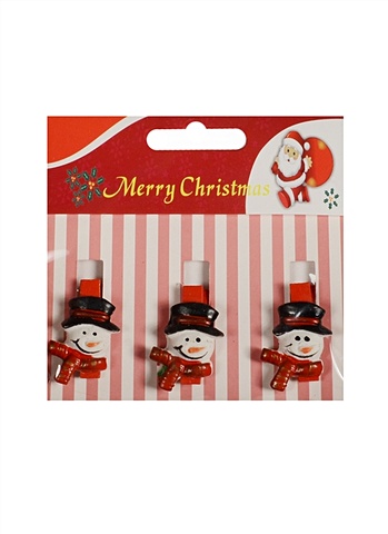 Набор прищепок декоративных в пакете с хедером, 3 шт, полистоун,снеговик в красном шарфике