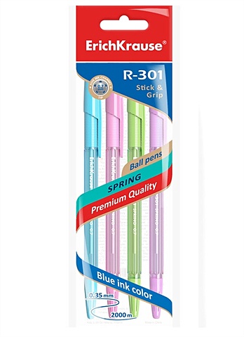 Ручки шариковые синие 04шт R-301 Spring Stick&Grip 0,7мм, подвес, ErichKrause