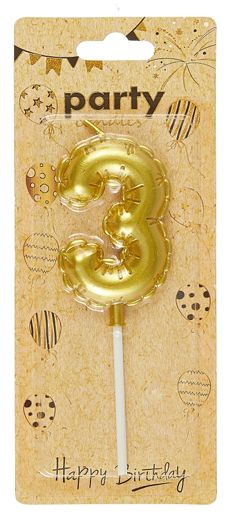 Свеча для торта Цифра 3 Воздушный шар (6см) (золото) (блистер)
