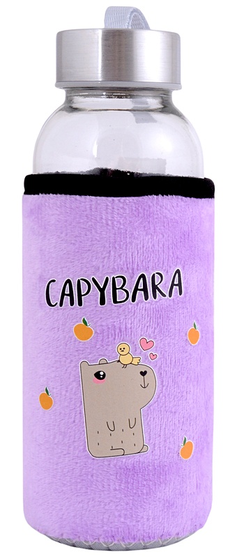 Бутылка в чехле велюр Капибара с птичкой (стекло) (300мл) детская футболка капибара с птичкой друзья 104 темно розовый