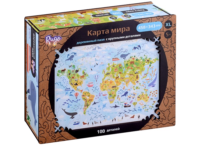 Пазл деревянный с крупными деталями Карта мира, 100 деталей