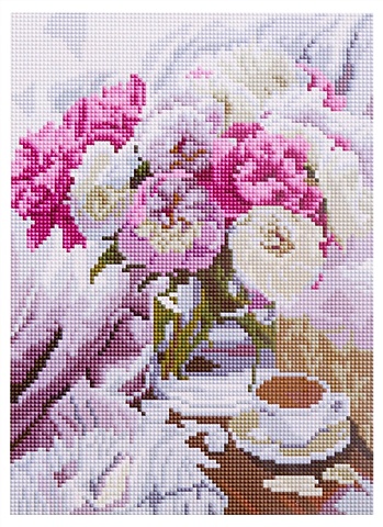 цена Алмазная мозаика на подрамнике Утренний кофе и цветы, 30 х 40 см