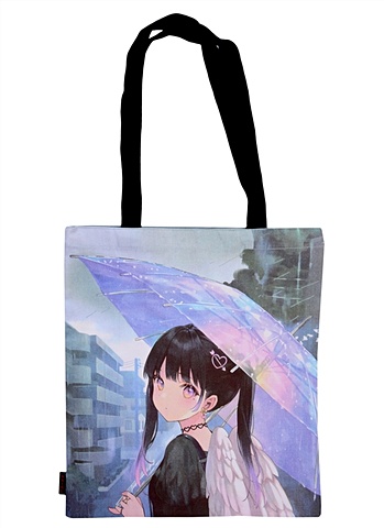 сумка шоппер аниме девушка и облака сёдзё черная текстиль 40см 32см Сумка-шоппер Аниме Девушка с крыльями под зонтиком Сёдзё, цветная 40см.*32см.