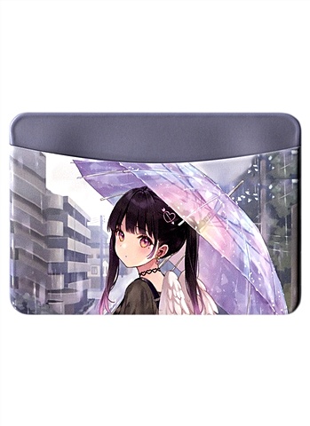 Чехол для карточек горизонтальный Аниме Девушка с крыльями под зонтиком (цветная)