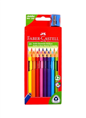 карандаши цветные 06цв jumbo grip к к трехгран утолщ подвес faber castell Карандаши цветные 20цв Jumbo, к/к, трехгран., утолщ., с точилкой, подвес, Faber-Castell