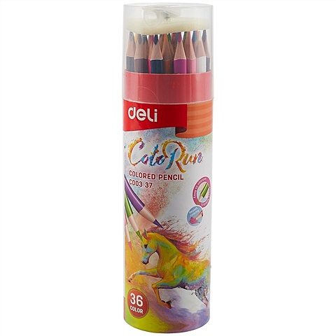 Карандаши цветные 36цв Color Run, трехгранные, в тубусе с точилкой, DELI карандаши цветные 12цв color run трехгранные в тубусе с точилкой deli