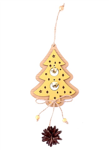 Новогоднее подвесное украшение с шишкой и бубенчиками Ёлочка (золото) (дерево) (14х10) цена и фото