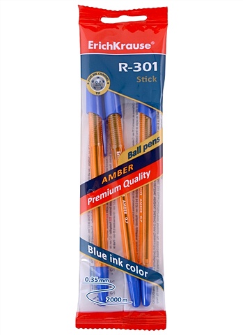 Ручки шариковые синие 03шт R-301 Amber Stick 0,7мм, подвес, ErichKrause ручки гелевые синие 04шт r 301 original gel stick 0 5мм подвес erichkrause