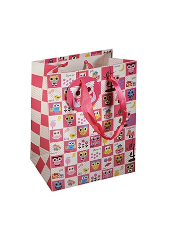Пакет подарочный бумажный А5 18*23*10 Совы. Owls, розовые квадраты, мат. ламинат, Хансибэг цена и фото