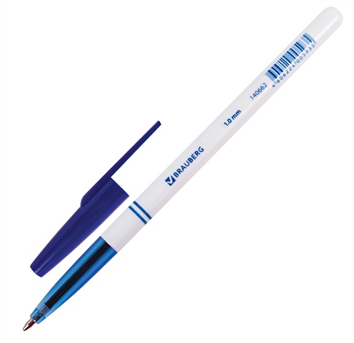 цена Ручка шариковая синяя, корпус белый, узел 1,0мм, линия письма 0,5мм, BRAUBERG