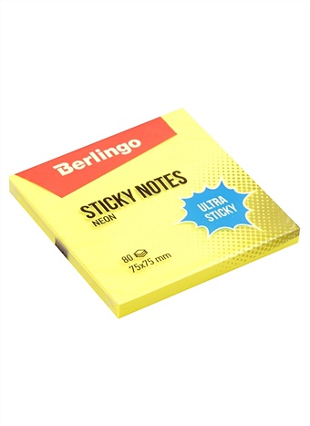 Блок бумаги 75*75 самоклеящийся желтый неон 80л, Ultra Sticky, Berlingo