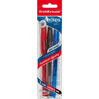 Ручки гелевые 03цв R-301 Original Gel Stick 0.5мм, синяя, черная, красная, подвес, Erich Krause ручка гелевая авт черная r 301 original gel matic 0 5 мм erich krause