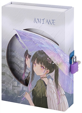 Записная книжка А6+ 50л Аниме. Девушка с крыльями под зонтиком в коробке с замочком, ассорти