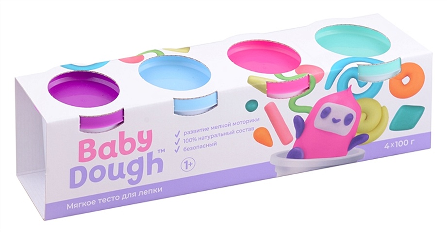 Тесто для лепки BabyDough. Набор 4 цвета (фиолетовый, мятный, розовый, нежно-голубой) цена и фото