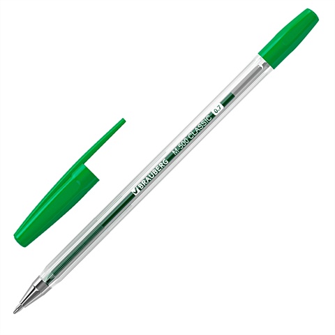 Ручка шариковая зеленая M-500 CLASSIC корпус прозрачный,узел 0,7мм,линия 0,35мм, BRAUBERG