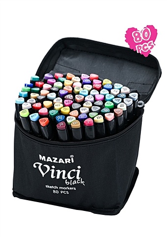 Маркеры для скетчинга Mazari VINCI BLACK, тканевый чехол, 80 цветов маркеры для скетчинга 60цв vinci black пулевид клиновид наконечники пиш узлы 1 0 6 2мм тканевый чехол mazari