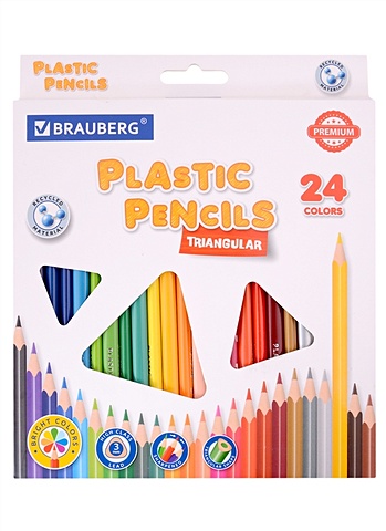 Карандаши цветные 24цв PREMIUM пластиковые, трехгранные, грифель мягкий 3,0мм, BRAUBERG