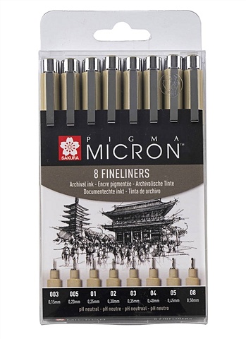 Ручки капиллярные черные 08шт Pigma Micron 0.15мм, 0.20мм, 0.25мм, 0.30мм, 0.35мм, 0.40мм, 0.45мм, 0.5мм