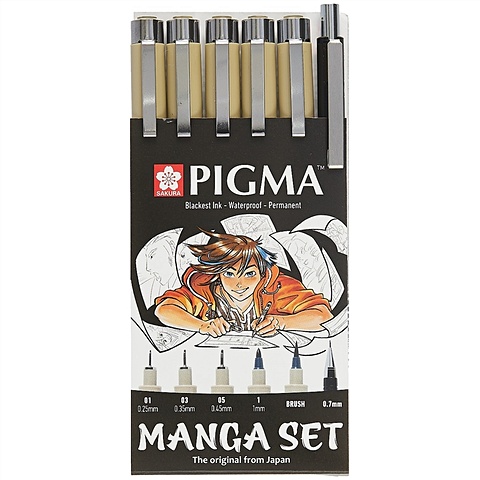 цена Ручки капиллярные черные 06шт Pigma Micron Manga ручки 0.1мм, 0.3мм, 0.5мм, кисть Pigma Graphic, мех.карандаш 0,7мм