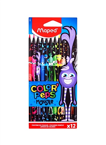 Карандаши цветные 12цв COLORPEPS MONSTER , к/к, подвес, MAPED карандаши цветные с ластиком maped colorpeps oops 12 цветов