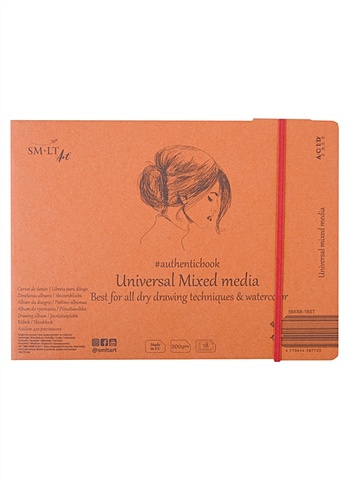 чипборд фон mixed media Скетчбук 24,5*18,4см 18л SMLT Art Mixed media authenticbook, на резинке, 200г/м2, белый, сшивка
