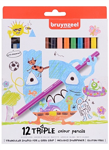 карандаши цветные 12цв kids mega утолщенные bruynzeel Карандаши цветные 20цв Kids Triple + точилка, трехгранные, Bruynzeel
