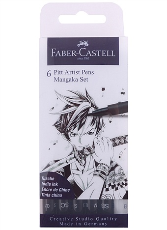 Ручки капиллярныеPitt Artist Pens Mangaka(2), ассорти, 6 шт., 0,1/0,3/0,7/2 brus, Faber-Castell