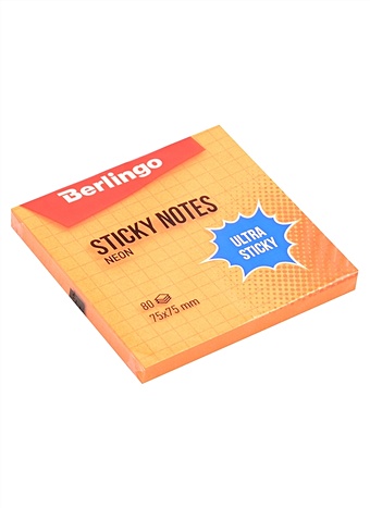 Блок бумаги 75*75 самоклеящийся оранжевый неон 80л, в клетку, Ultra Sticky, Berlingo