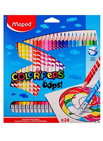 карандаши цветные 24цв pulse трёхгранные пластиковые к к подвес maped Карандаши цветные 24цв COLORPEPS OOPS с ластиком, к/к, подвес, MAPED