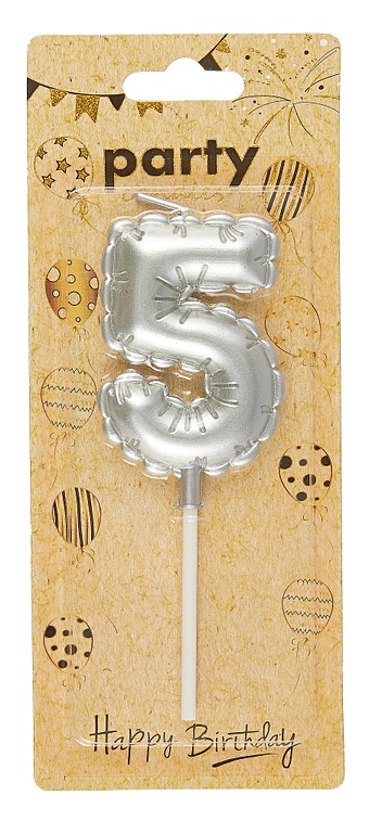 Свеча для торта Цифра 5 Воздушный шар (6см) (серебро) (блистер) цена и фото