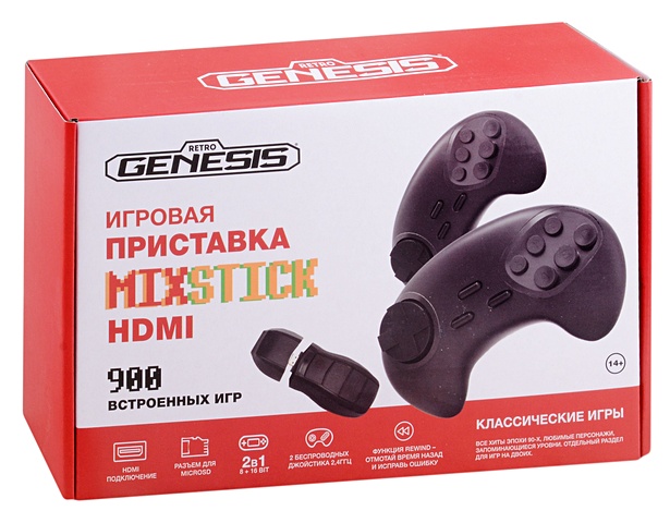 Retro Genesis MixStick HD (900 игр, 2 беспроводных джойстика, HDMI, 8+16Bit, Rewind) model: RS8 портативная игровая ретро приставка retro genesis mixstick hd 900 игр 2 беспроводных джойстика hdmi 8 16bit rewind