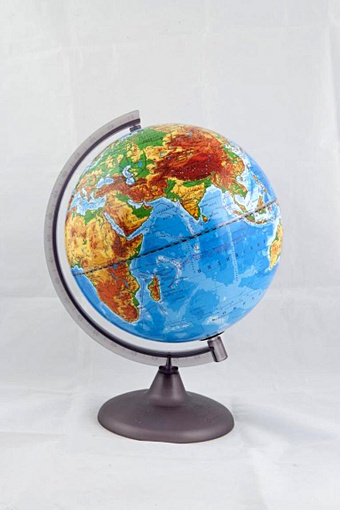 Глобус Земли физический рельефный с подсветкой на дуге и подставке из пластика, диаметр 250 мм