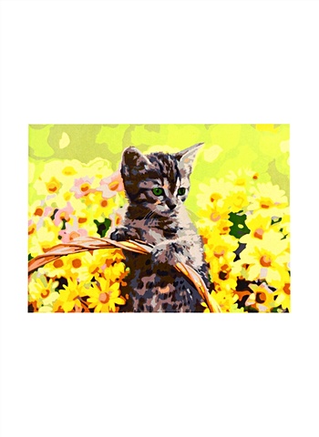 холст с красками 30 × 40 см голландский натюрморт 20 цветов Холст с красками по номерам Котенок среди цветов, 30 х 40 см