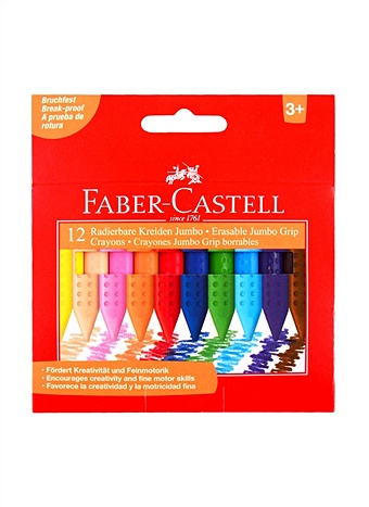 карандаши цветные 06цв jumbo grip к к трехгран утолщ подвес faber castell Мелки пластиковые 12цв Grip Jumbo трехгранные, утолщ., к/к, Faber-Castell