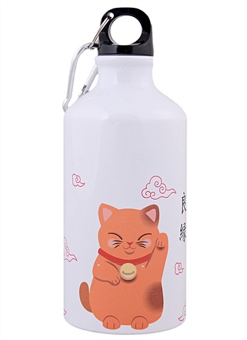 пенал с большой молнией котик манэки нэко Бутылка с карабином Котик Манэки-нэко (металл) (500мл)