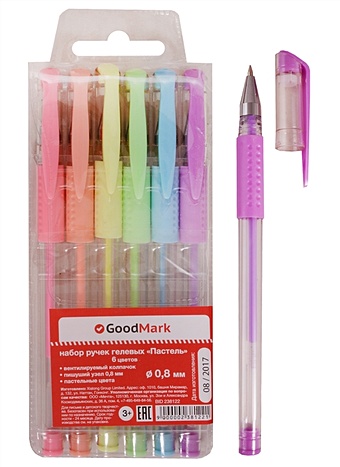 Ручки гелевые 06цв 0,8мм пастель, пл/уп, GoodMark