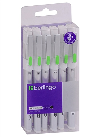 Ручки капиллярные (линеры) 6шт Precision черные, 0,2/0,25/0,3/0,35/0,45/0,5мм, Berlingo ручки капиллярные линеры 5шт 0 3мм пласт кор winsor