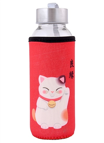 Бутылка в чехле с цветом Котик Манэки-нэко (стекло) (300мл) бутылка с карабином котик манэки нэко металл 500мл