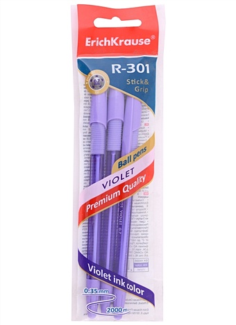 Ручки шариковые фиолетовые 03шт R-301 Violet Stick&Grip 0,7мм, подвес, ErichKrause
