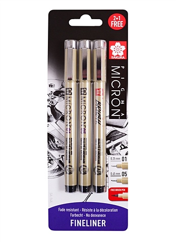 цена Набор капиллярных ручек Pigma Micron 3шт (0.25мм 0.45мм + Ручка Pigma Brush) цвет черный, Sakura