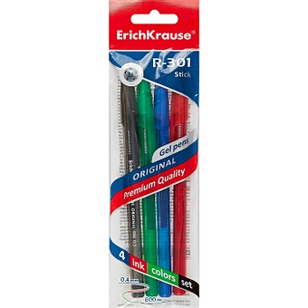 цена Ручки гелевые 04цв R-301 Original Gel Stick 0.5мм, синяя, черная, красная, зеленая, подвес, Erich Krause