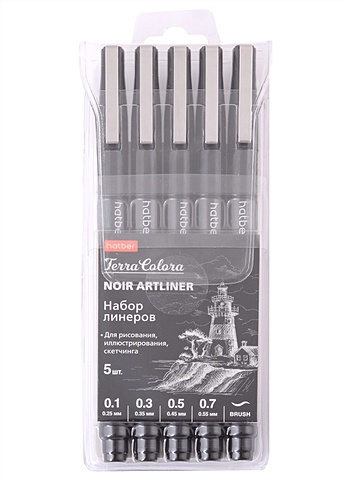 Ручки линеры черные 05шт Noir/Нуар. Terra Colora 0.1/0.3/0.5/0.7мм, блистер, Hatber