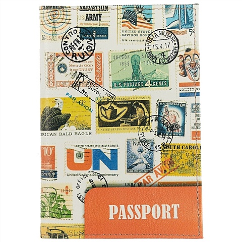 Обложка на паспорт «Марки разных стран с печатями», натуральная кожа обложка на паспорт натуральная кожа цв серый