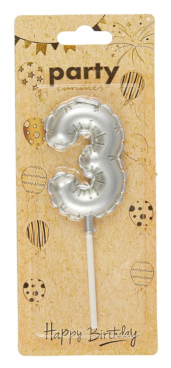 Свеча для торта Цифра 3 Воздушный шар (6см) (серебро) (блистер) цена и фото