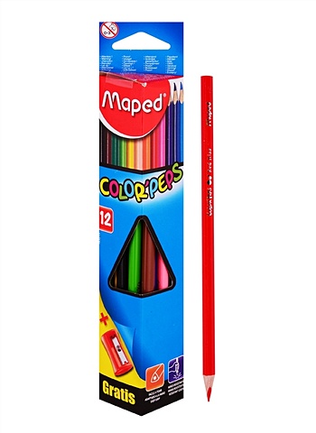 Карандаши цветные 12цв COLORPEPS трехгранные, с точилкой, к/к, подвес, MAPED карандаши цветные с ластиком maped colorpeps oops 12 цветов