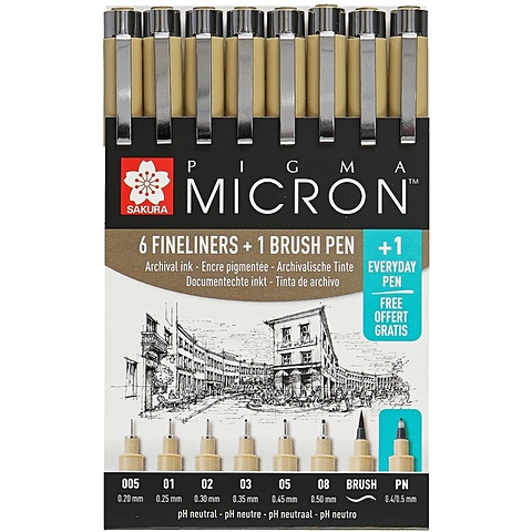цена Ручки капиллярные черные 08шт Pigma Micron 0.2мм, 0.25мм, 0.3мм, 0.35мм, 0.45мм, 0.5мм, brush, PN